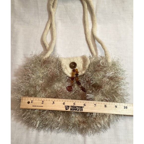 Handmade Felted Cream Wool Purse Bag Oatmeal Color Bronze Fluffy Boho Accent - Picture 5 of 13